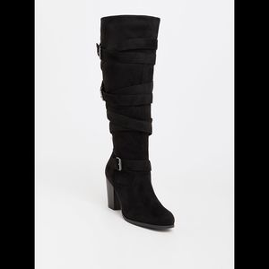 Black strappy wide calf boots